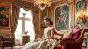 Egy nő hercegnői ruhában ül egy díszes teremben