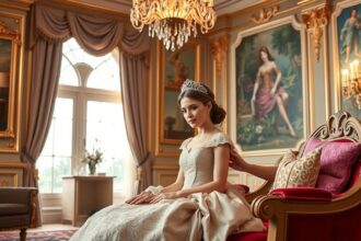 Egy nő hercegnői ruhában ül egy díszes teremben