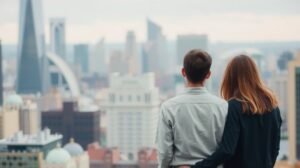 Pár egy városi látkép előtt, amely érzelmi kötődést szimbolizál.