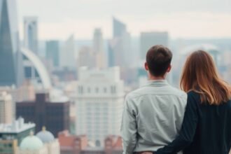 Pár egy városi látkép előtt, amely érzelmi kötődést szimbolizál.