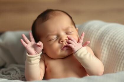 Újszülött baba szopási reflexet bemutató pózban