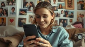 Nő, aki telefonján nézi a közösségi média posztokat, mögötte emlékfotók.