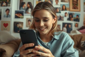 Nő, aki telefonján nézi a közösségi média posztokat, mögötte emlékfotók.