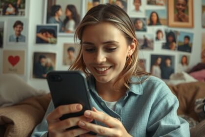 Nő, aki telefonján nézi a közösségi média posztokat, mögötte emlékfotók.