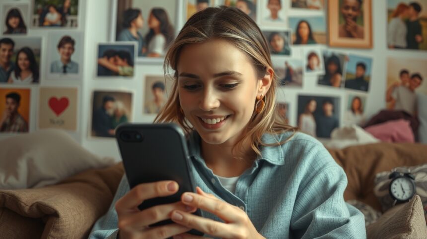 12 jel, hogy az exed valószínűleg vissza fog térni egy új kapcsolat után – mellébeszélés nélkül 1 Nő, aki telefonján nézi a közösségi média posztokat, mögötte emlékfotók.
