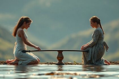 Két nő ül egy deszkán, a víz tükröződésében, dilemmával szembesülve.