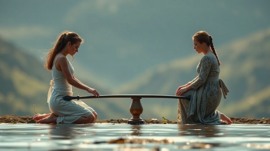 A kompromisszum és az önfeladás közötti különbség 1 Két nő ül egy deszkán, a víz tükröződésében, dilemmával szembesülve.