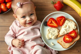 Baba tejmentes reggelije friss gyümölcsökkel és kenyerével.