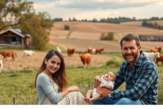 Vidéki környezetben egy szülő és babája boldogan pihen egy bemutató tanyán.