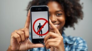 Nő mutat egy mobiltelefonon mérgező kapcsolat elleni tiltó jelzést