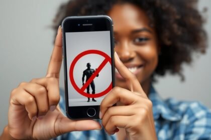 Nő mutat egy mobiltelefonon mérgező kapcsolat elleni tiltó jelzést