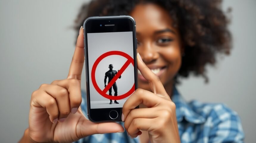 Nő mutat egy mobiltelefonon mérgező kapcsolat elleni tiltó jelzést