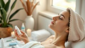 womensway 130 Nő relaxál a bőrápolási rutin közben, tudatos légzéssel.