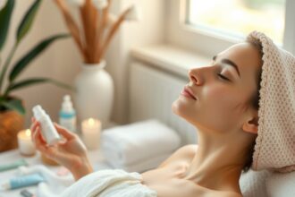 Nő relaxál a bőrápolási rutin közben, tudatos légzéssel.