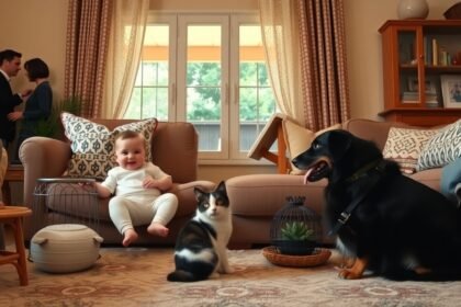 Baba, háziállatok és családi harmonikus együttélés a nappaliban.