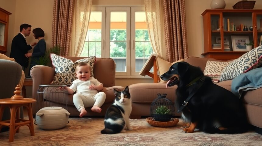 A baba érkezése és a háziállat együttélése: hogyan teremthető meg az egyensúly? 1 Baba, háziállatok és családi harmonikus együttélés a nappaliban.