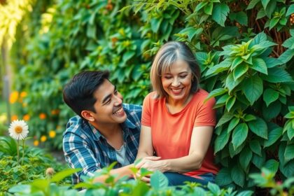 Két ember együttműködik és nevet egy zöld növényzet között.