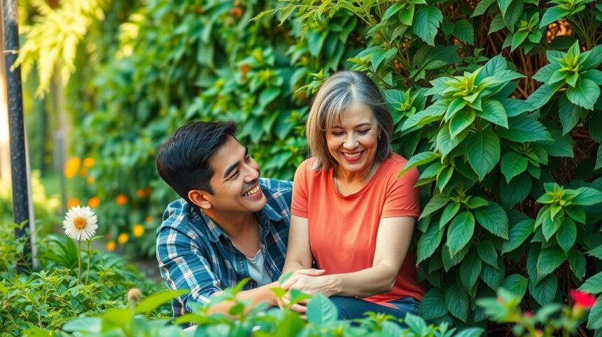 Növekedjetek együtt, ne külön utakon! 1 Két ember együttműködik és nevet egy zöld növényzet között.