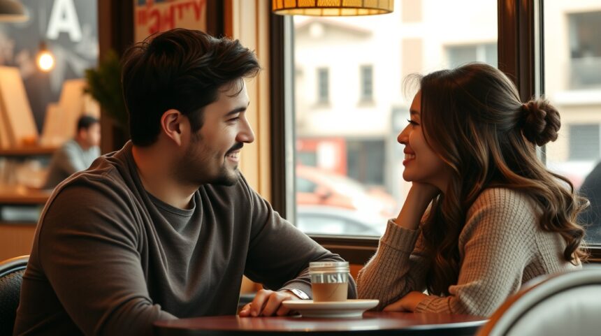 8 jel, hogy a kiszemelted érdeklődik irántad, de azt szeretné, hogy te kezdeményezz 1 Két fiatal szerelmes mosolyog egymásra egy kávézóban.