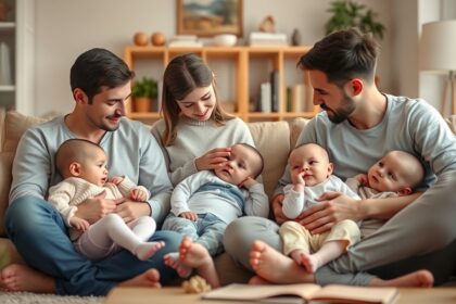 Családi pillanat babákkal a kanapén, szülői tanácsok