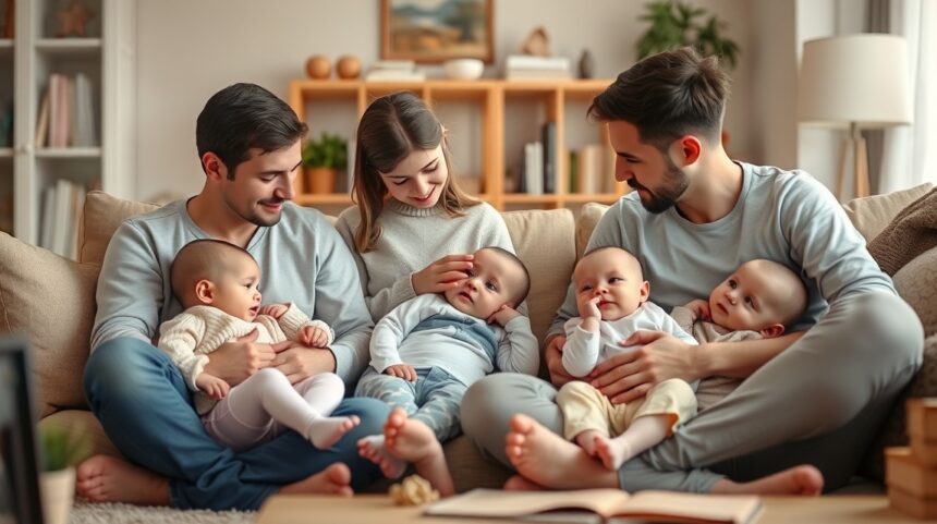 Családi pillanat babákkal a kanapén, szülői tanácsok