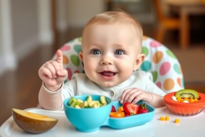 Boldog kisbaba egészséges ételekkel az ünnepi menühöz.