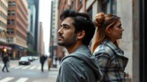 Emberpár az utcán, érzelmi távolságtartás bemutatása kapcsolatban.