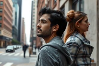 Emberpár az utcán, érzelmi távolságtartás bemutatása kapcsolatban.