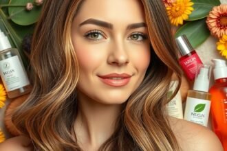 Fiatal nő gyönyörű, fénylő hajjal, természetes hajápolási termékek mellett.
