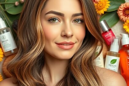 Fiatal nő gyönyörű, fénylő hajjal, természetes hajápolási termékek mellett.