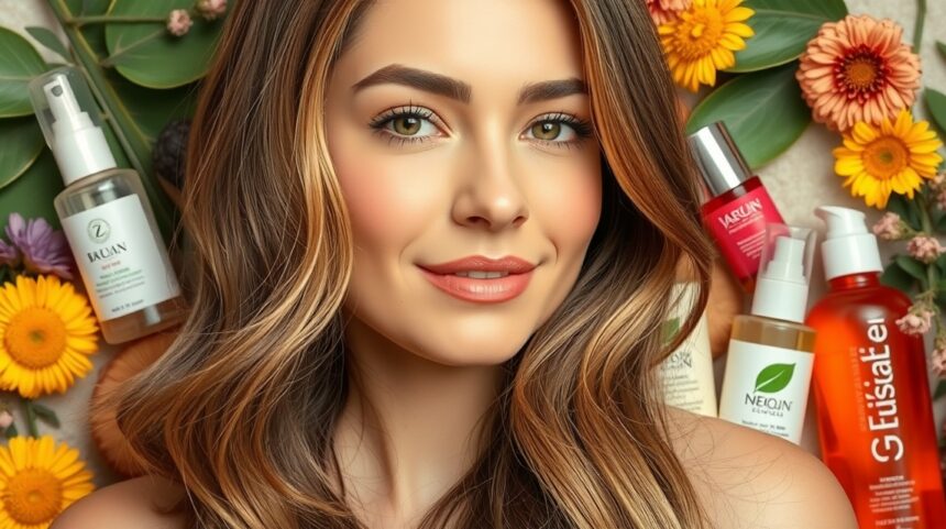 Mindennapi apró szokások, amelyek varázslatossá teszik a hajad 1 Fiatal nő gyönyörű, fénylő hajjal, természetes hajápolási termékek mellett.