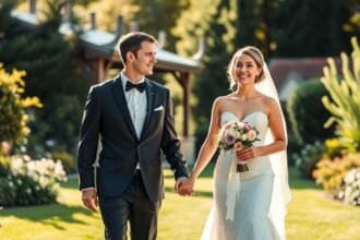 Boldog pár a házasságkötés előtt, virágcsokorral és elegáns öltönyben