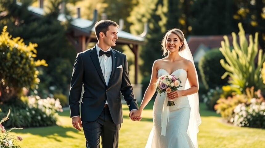 10 jel, hogy készen állsz a házasságra és az életre szóló elköteleződésre 1 Boldog pár a házasságkötés előtt, virágcsokorral és elegáns öltönyben