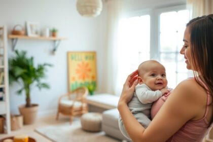 Fiatal anya tartja a babáját otthon, barátságos környezetben.