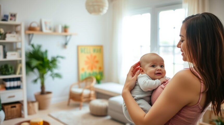 Egyedül otthon a babával: hogyan tervezd meg ügyesen a napokat? 1 Fiatal anya tartja a babáját otthon, barátságos környezetben.