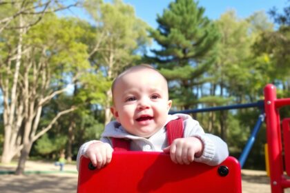 Baba játszótéren, boldogan felfedezve a szabadban.