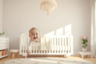 Mosolygó baba a vidám kiságy mellett