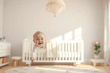 Mosolygó baba a vidám kiságy mellett