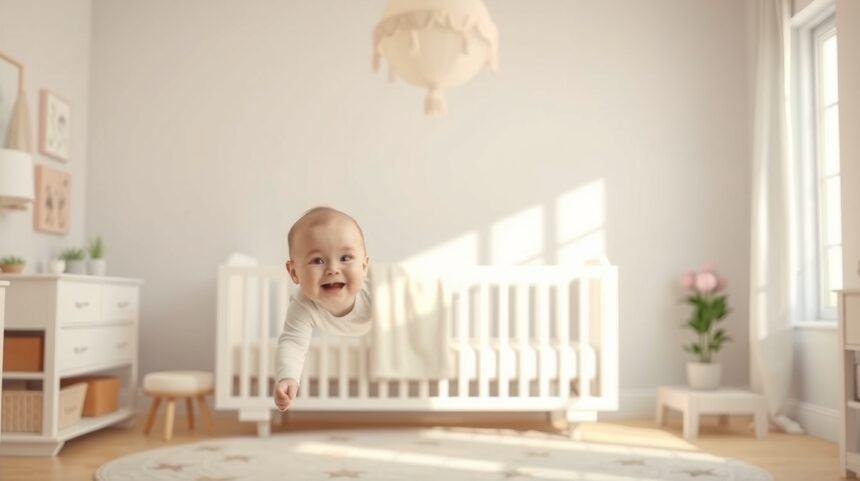 Mosolygó baba a vidám kiságy mellett