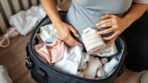 womensway 134 Kismama a kórházi csomagját pakolja, babaöltözettel és kényelmi ruhákkal.