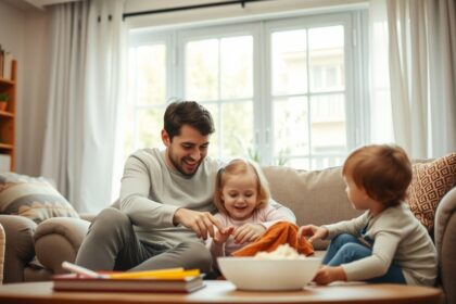 Apa játszik a gyerekeivel a nappaliban, szoros kapcsolatban.
