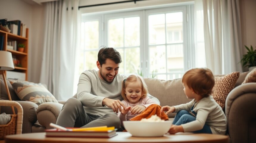 Hogyan vonjuk be az apát a mindennapokba mint főszereplőt? 1 Apa játszik a gyerekeivel a nappaliban, szoros kapcsolatban.