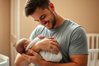 Egy apa, aki boldogan tart egy csecsemőt a karjában