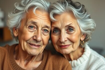 Két idős nő mosolyogva néz egymásra, szeretet és barátság sugárzik belőlük.