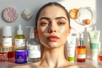 Fiatal nő, ragyogó bőrápolási termékek között, arcápolási trendekkel.