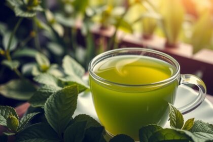 Friss zöld tea csésze mentával és zöld növényekkel körülvéve.