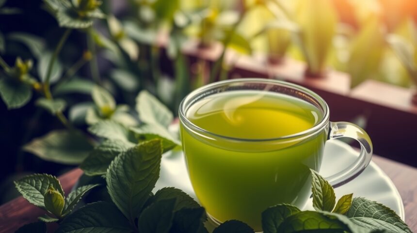 A zöld tea 12 tudományosan igazolt egészségügyi előnye 1 Friss zöld tea csésze mentával és zöld növényekkel körülvéve.