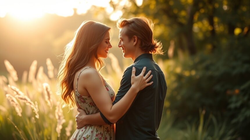 Fiatal pár boldogan ölelkezik naplementében a természetben.