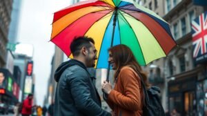 LMBTQ párkapcsolat színes esernyő alatt egy városi környezetben