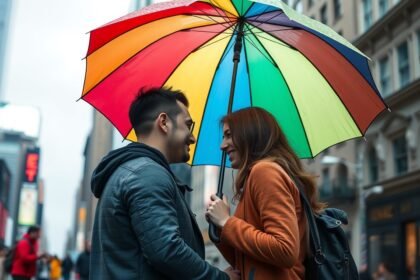 LMBTQ párkapcsolat színes esernyő alatt egy városi környezetben